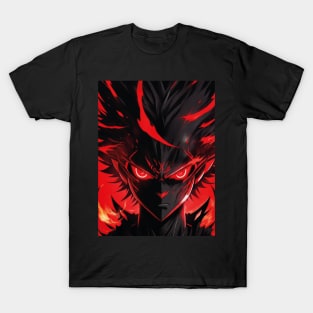 A red black shadow in an anime style with red eyes and flames behind it. T-Shirt